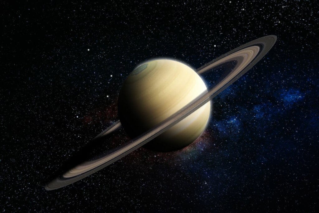 Ilustração do planeta Saturno em um fundo com estrelas