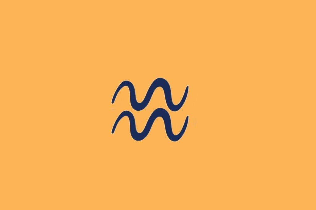 Ilustração do signo de Aquário, em fundo alaranjado, com duas linhas onduladas paralelas na cor azul-marinho