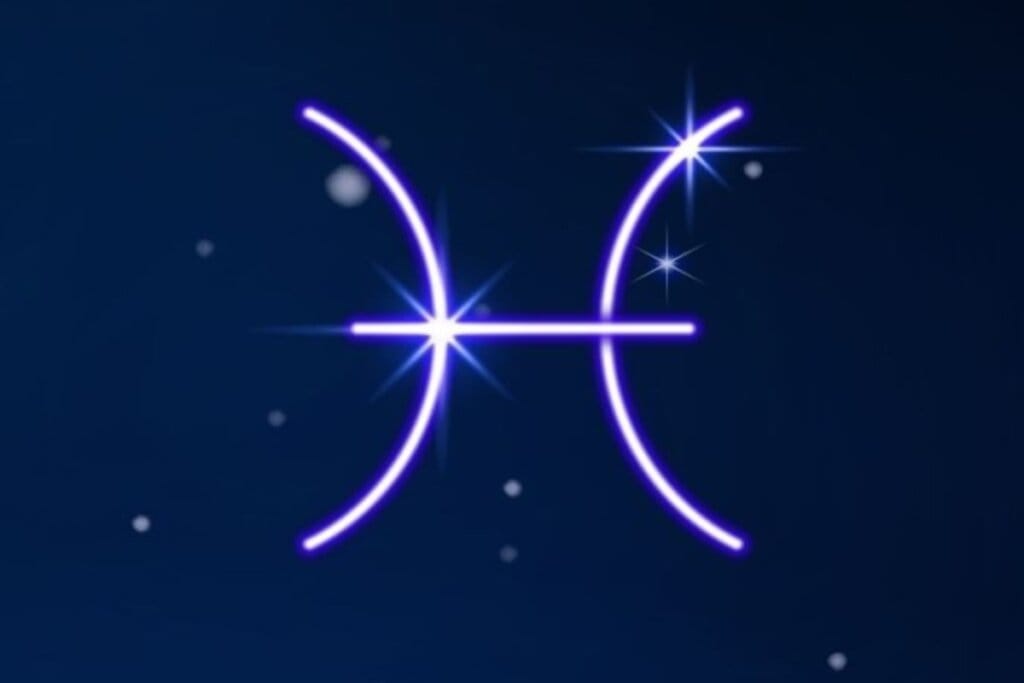 Símbolo do signo de Peixes em roxo em fundo azul-escuro com pontos de luz simbolizando as estrelas