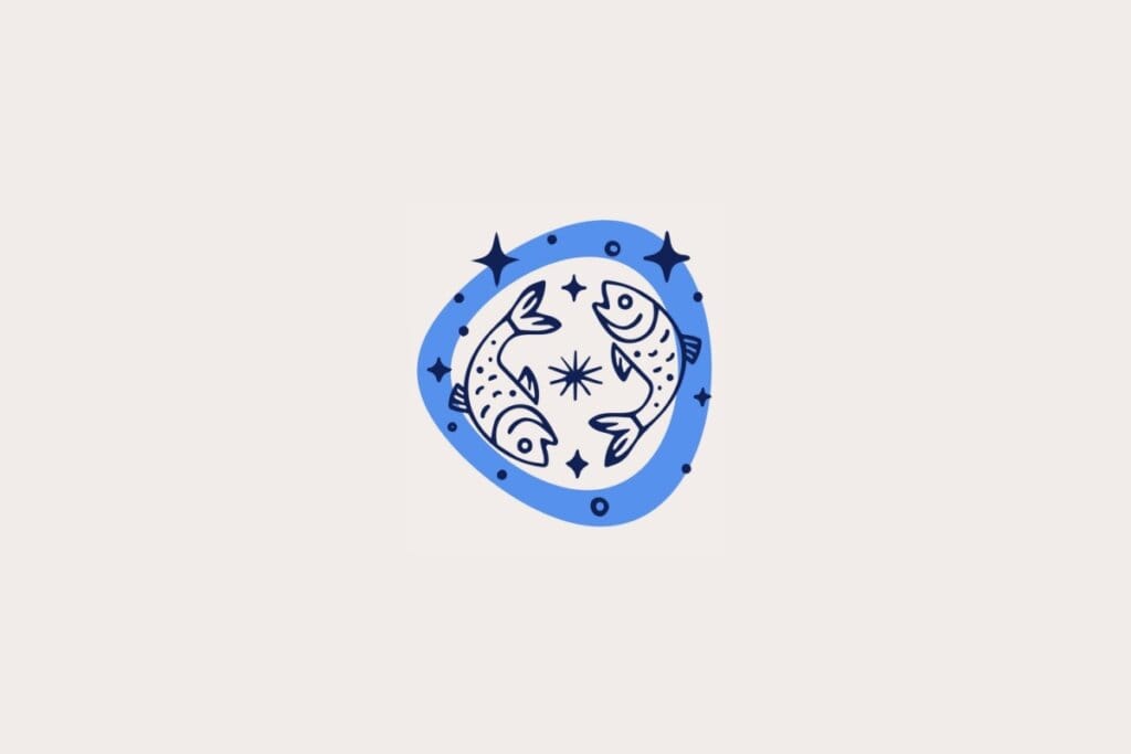 Ilustração do signo de Peixes, em fundo bege-claro, contendo dois peixes curvados em sentidos opostos dentro de uma moldura azul com estrelas ao redor