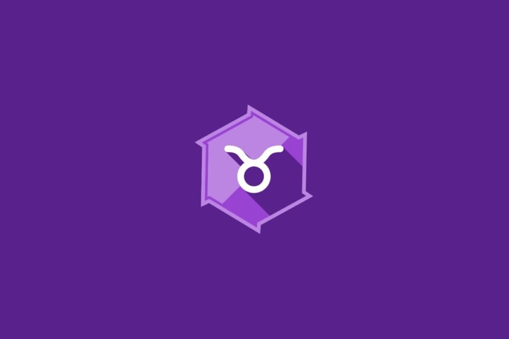 Ilustração do signo de Touro, em fundo roxo, com símbolo circular com chifres curvados para cima