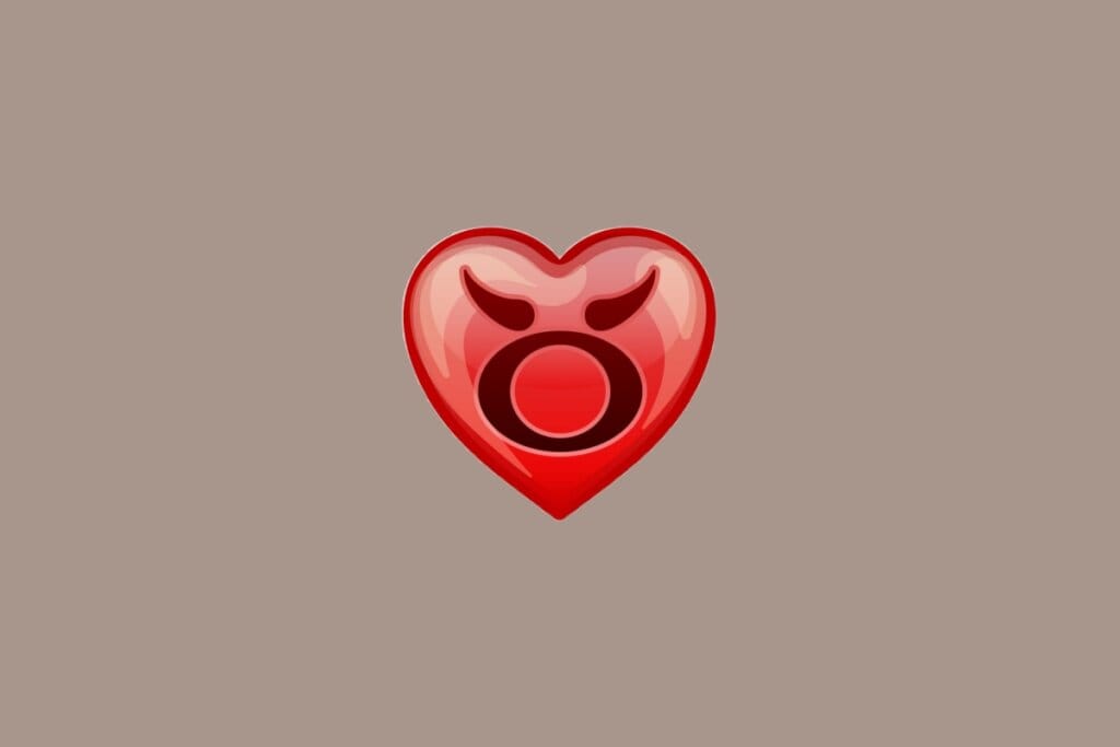 Ilustração do signo de Touro, em fundo amarronzado, com um coração vermelho ao centro contendo um círculo com dois chifres curvos voltados para cima