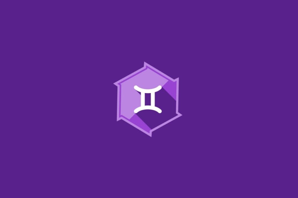 Ilustração do signo de Gêmeos, em fundo roxo, com símbolo semelhante a duas linhas verticais unidas por traços horizontais nas extremidades