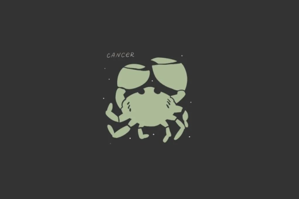 llustração do símbolo de Câncer, representado por um caranguejo verde-claro de traços simples, sobre um fundo escuro