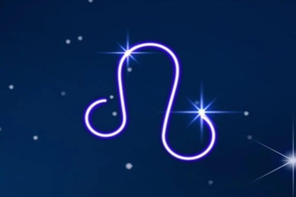 Símbolo do signo de Leão em roxo em fundo azul-escuro com pontos de luz simbolizando as estrelas 
