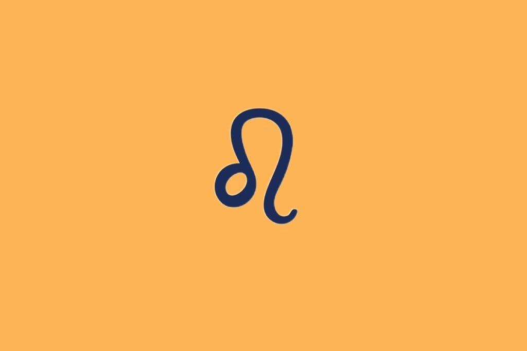 Ilustração do signo de Leão, em fundo alaranjado, com linha curva e círculo lembrando uma juba e cauda