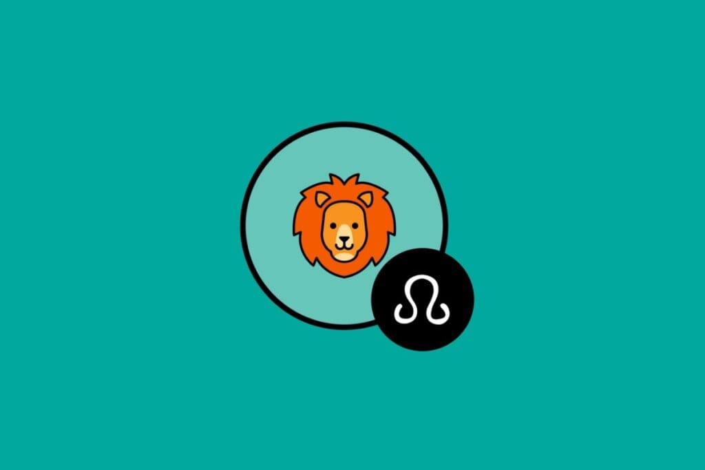 Ilustração do signo de Leão, em fundo verde-azulado, contendo a cabeça de um leão laranja com juba destacada em um círculo azul-esverdeado e o símbolo astrológico em um círculo preto