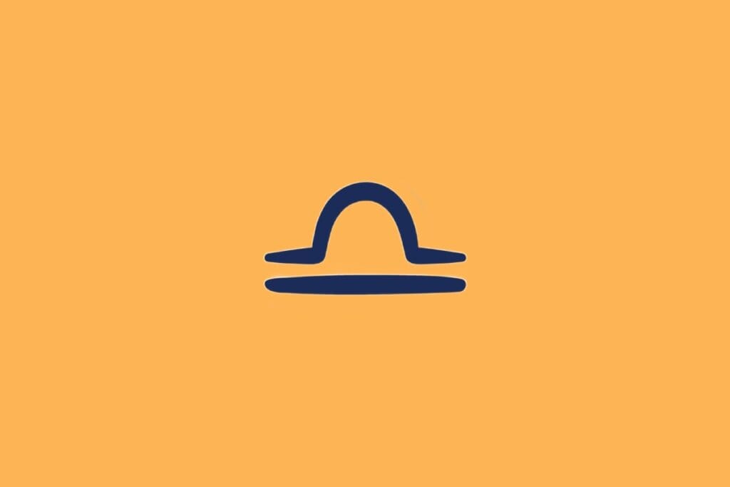 Ilustração do signo de Libra, em fundo alaranjado, com arco sobre linha reta, simbolizando uma balança