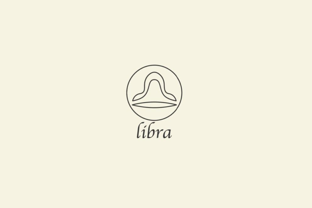 Ilustração do signo de Libra, em fundo bege, contendo um semicírculo no topo representando a balança e uma linha horizontal reta abaixo
