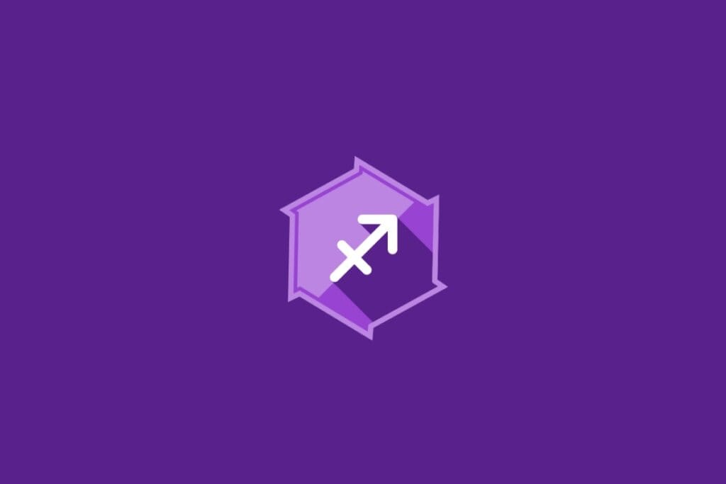 Ilustração do signo de Sagitário, em fundo roxo, com símbolo de seta apontando para cima e à direita