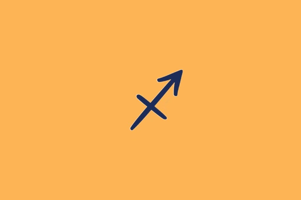Ilustração do signo de Sagitário, em fundo alaranjado, com seta diagonal atravessada por linha menor