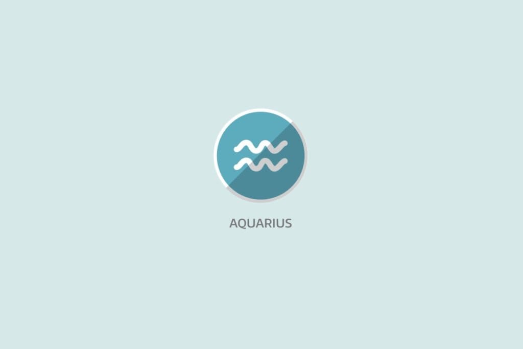 Ilustração em fundo azul-claro com o símbolo do signo de Aquário em círculo azul