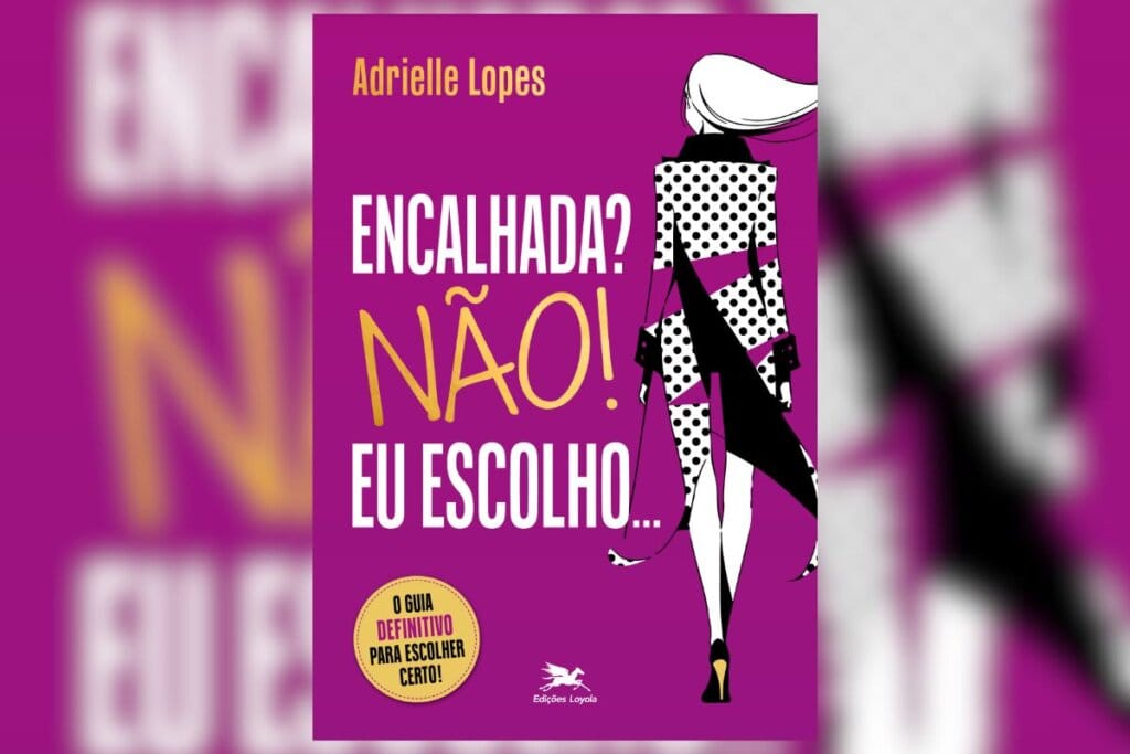Capa do livro Encalhada? Não! Eu Escolho com fundo roxo e uma mulher com cabelos ao vento andando