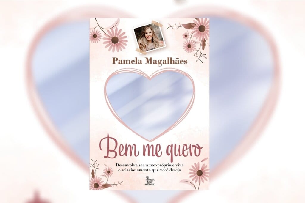 Capa do livro "Bem Me Quero", com ilustração de flores e um coração espelhado ao centro