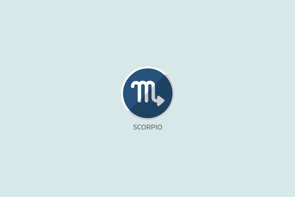 Ilustração em fundo azul-claro com o símbolo do signo de Escorpião dentro de círculo azul-escuro