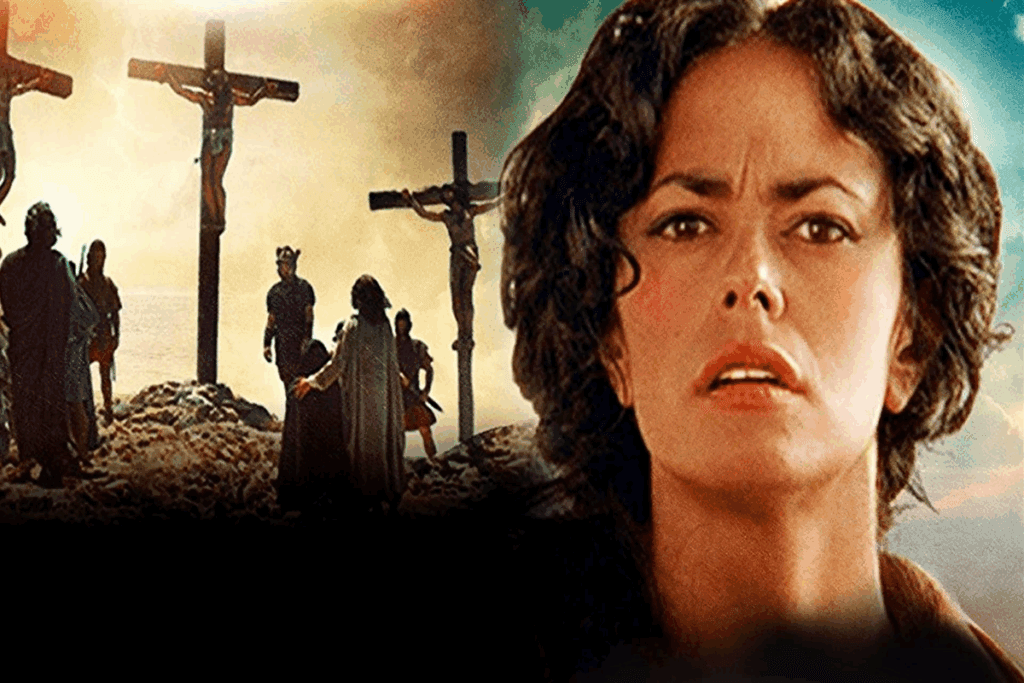 Imagem de uma mulher com o cabelo encaracolado preso olhando com uma expressão aflita e ao lado a imagem de Jesus sendo crucificado na cruz