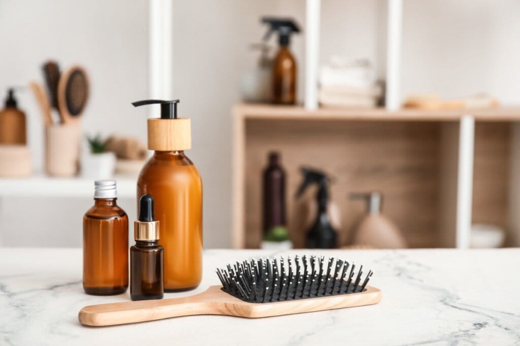 Três frascos de produtos para cabelo, em cima de uma bancada de mármore branco e ao lado uma escola para cabelos.