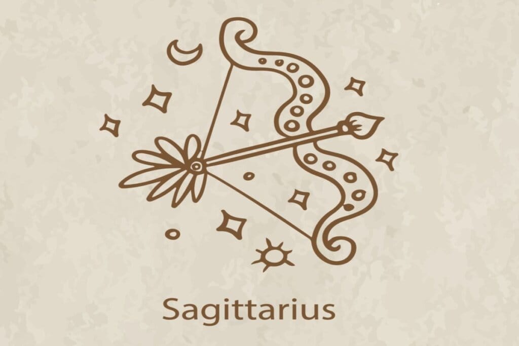 Ilustração do símbolo e nome do signo de sagitário marrom em fundo marrom-claro