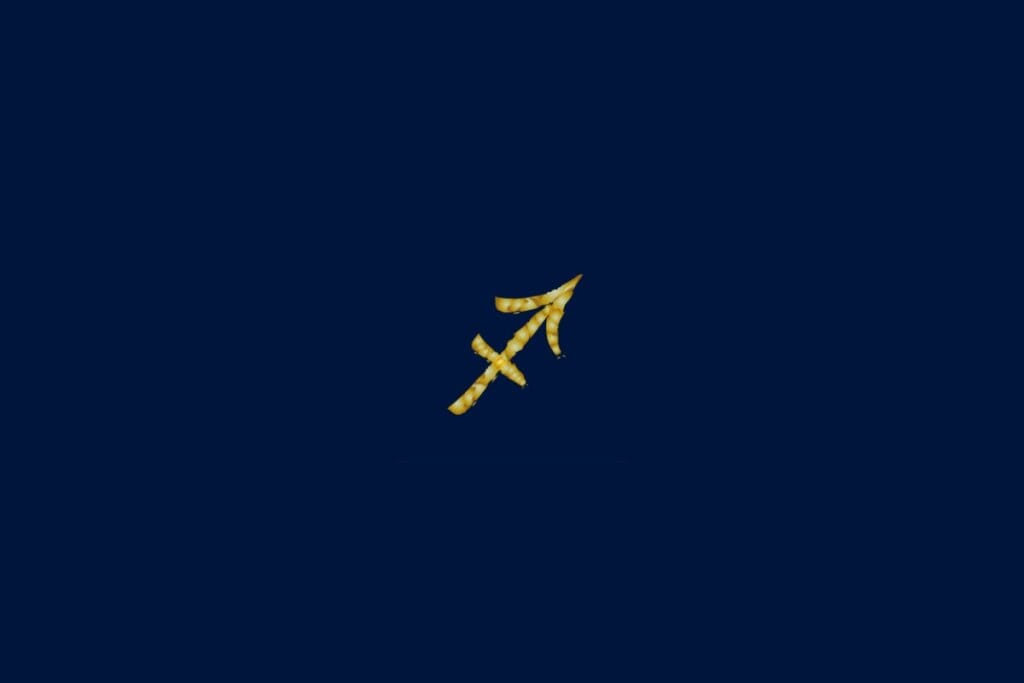Ilustração do signo de sagitário em dourado e no formato de uma corda em um fundo azul-escuro