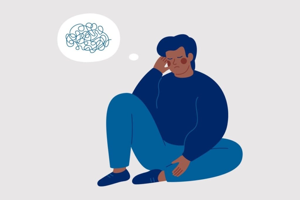 Ilustração de homem acima do peso, usando camisa de manga longa azul-escura e calça azul clara e sapato azul-escuro e ao lado um balão de pensamento com linhas enroladas