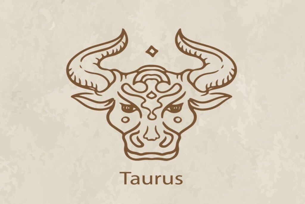 Ilustração do símbolo e nome do signo de touro marrom em fundo marrom-claro