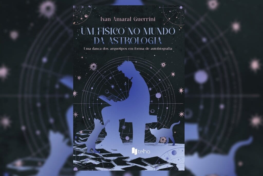 Capa do livro "Um Físico no Mundo da Astrologia", com figura azulada lendo em meio a estrelas e gatos