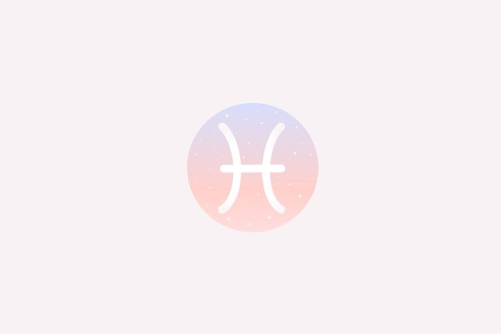 Ilustração do signo de Peixes com dois arcos brancos ligados por uma linha no centro, em fundo degradê rosa e azul com estrelas