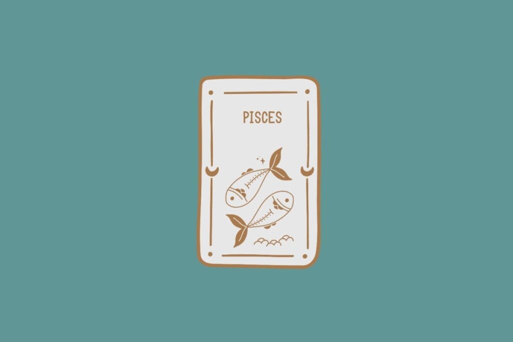 Ilustração do signo de Peixes, em fundo verde-azulado, contendo dois peixes marrons nadando em sentidos opostos