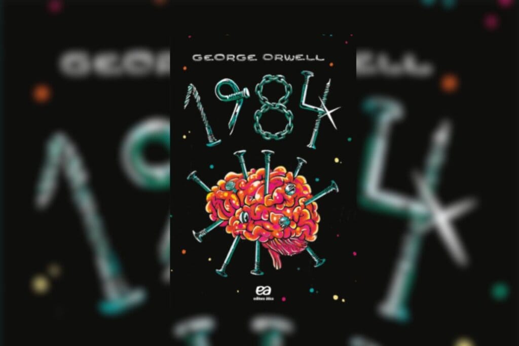 Capa do livro 1984 com a ilustração de um cérebro com pregos