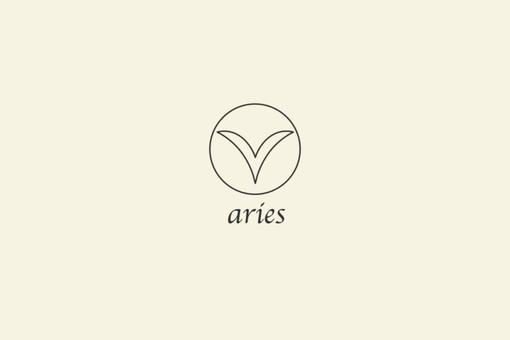 Ilustração do signo de Áries, em fundo bege, contendo símbolo semelhante a um V com hastes arqueadas para fora