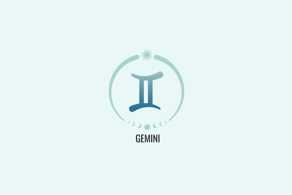 Ilustração do signo Gêmeos, com símbolo composto por duas linhas verticais unidas por duas linhas horizontais, formando um retângulo aberto, em azul esverdeado, sobre fundo verde-claro