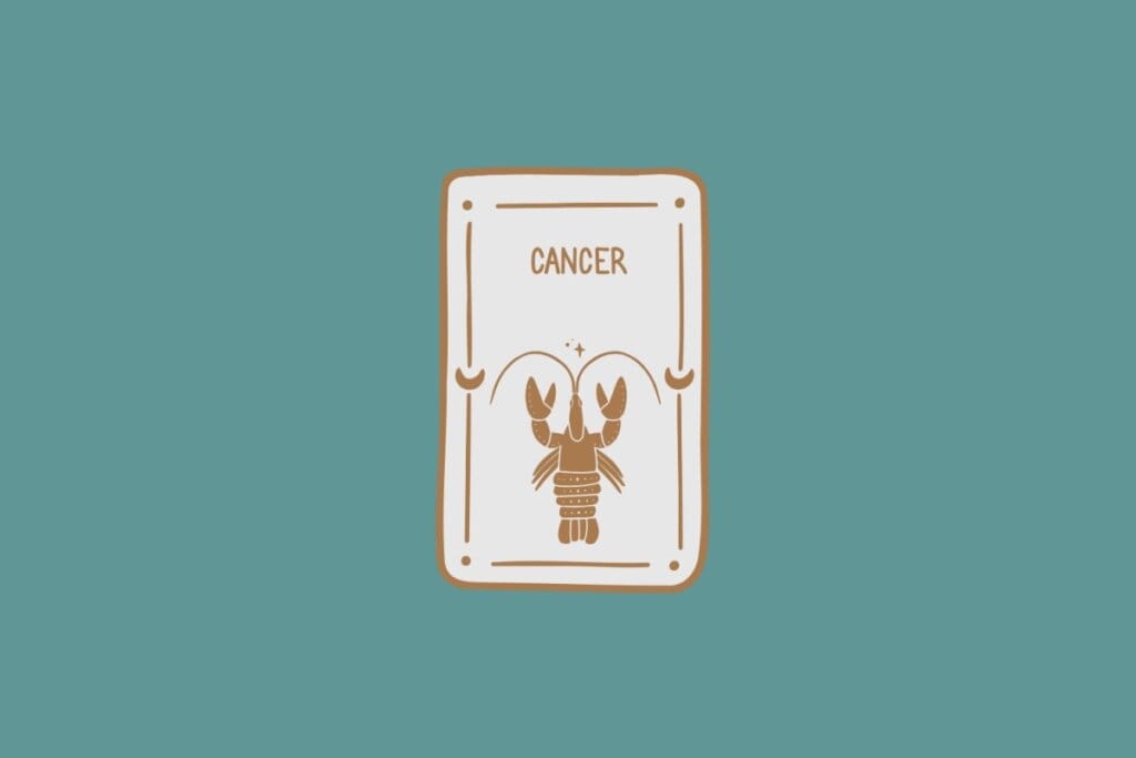 Ilustração do signo de Câncer, em fundo verde-azulado, contendo um caranguejo com garras levantadas