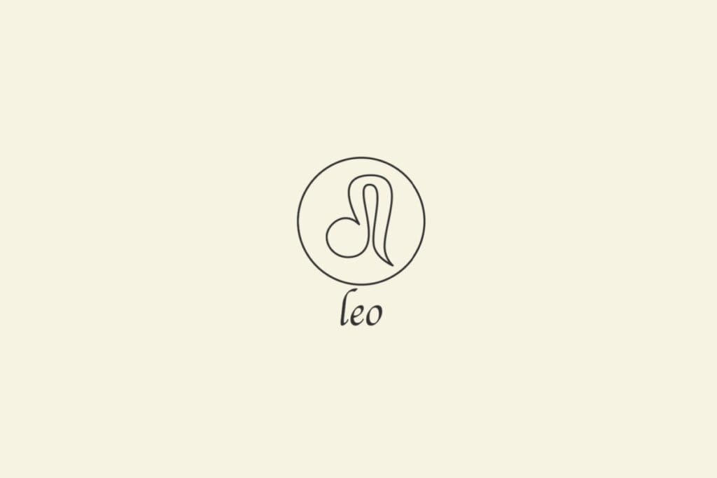 Ilustração do signo de Leão, em fundo bege, contendo uma curva circular à esquerda ligada a um traço vertical que se estende suavemente para cima e depois desce