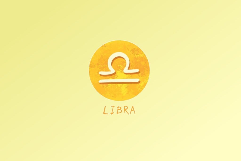 Ilustração do signo de Libra, com uma linha horizontal cortada por um arco semicircular no topo, em fundo amarelo