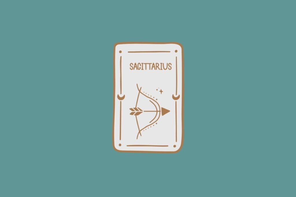 Ilustração do signo de Sagitário, em fundo verde-azulado, contendo um arco com uma flecha posicionada no centro
