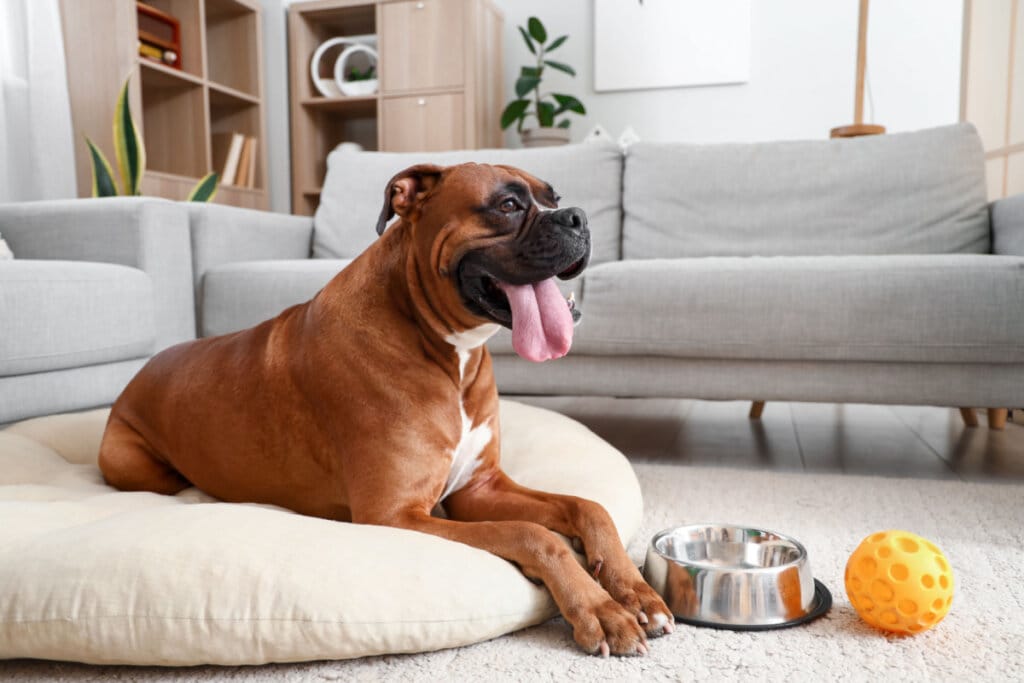 Cachorro boxer deitado em sua cama dentro de casa