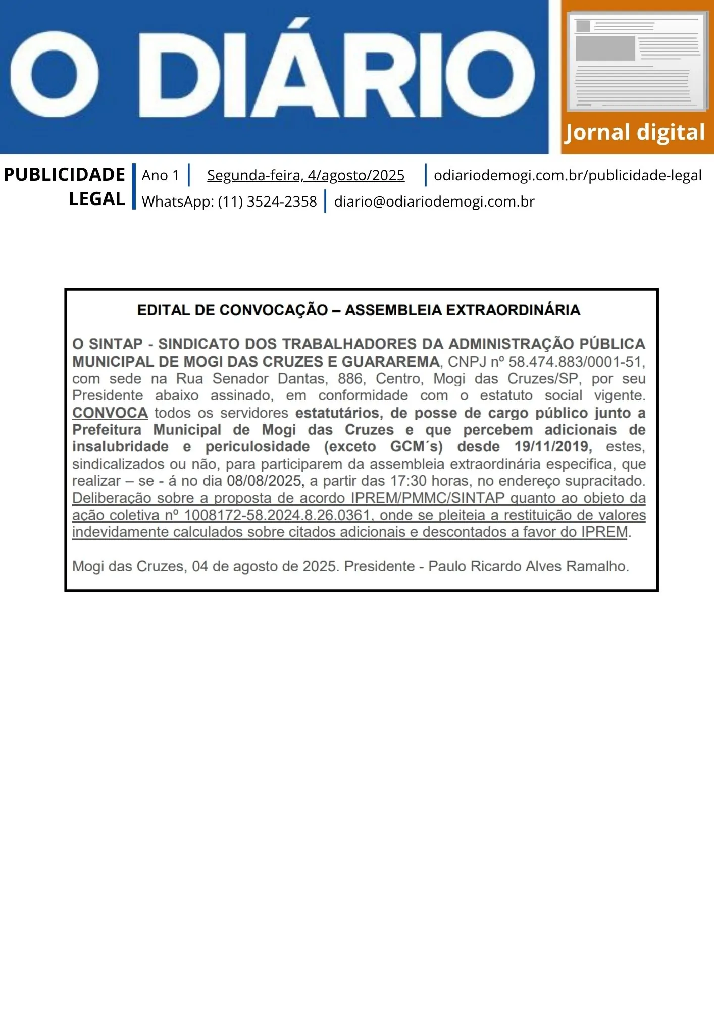 Segunda-feira, 4 de agosto de 2025