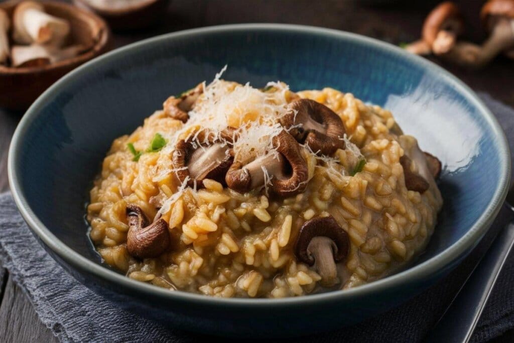 Recipiente azul com risoto de funghi porcini