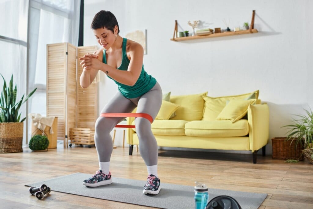 Mulher em uma sala de estar fazendo agachamento com elástico 