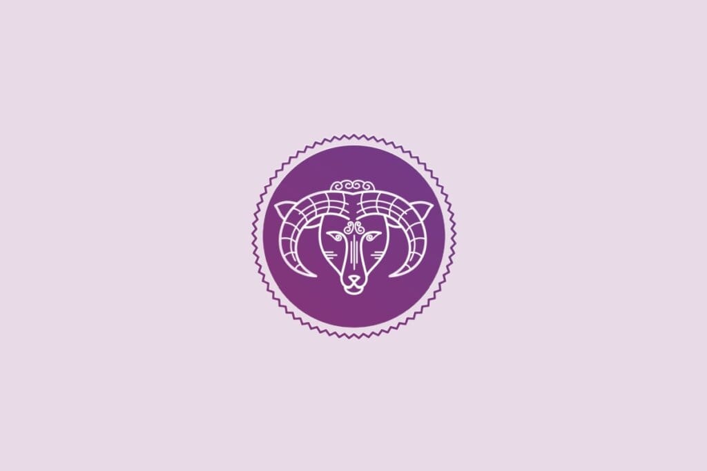 ilustração de um carneiro representando o signo de áries em círculo roxo em fundo lilás