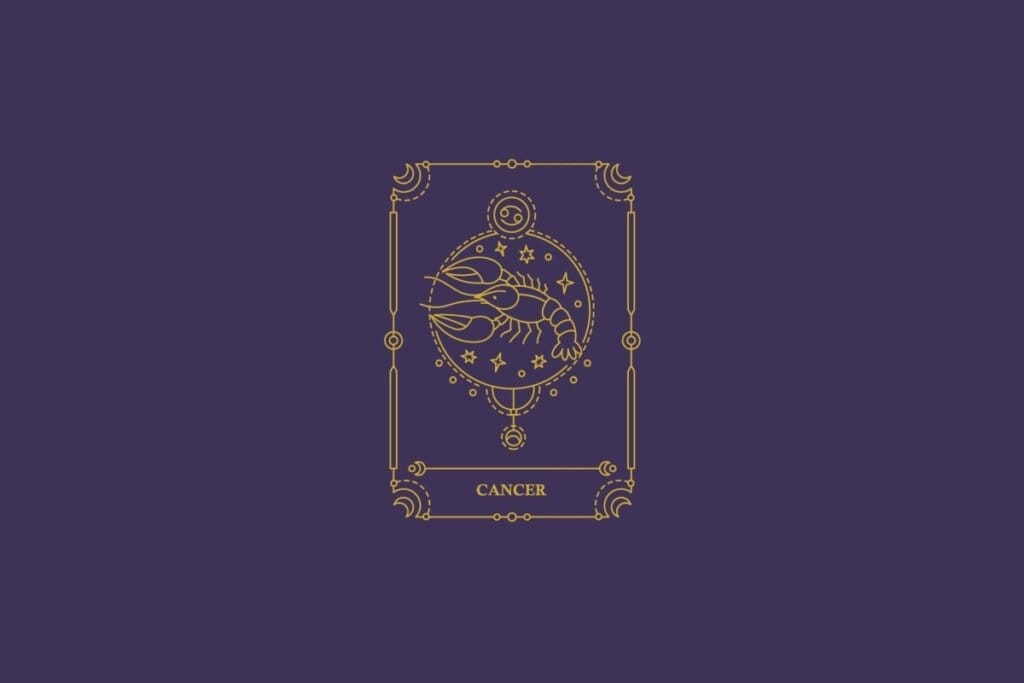 Ilustração do signo de câncer em dourado com detalhes na mesma cor ao redor. Fundo roxo-escuro