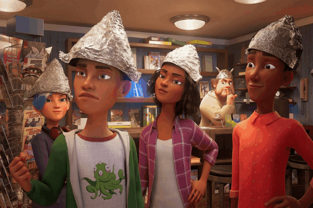 Ilustração de um grupo de pessoas usando roupas cotidianas com chapéus feitos de papel alumínio 