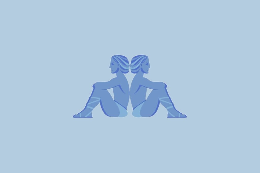 Ilustração do signo Gêmeos, com duas figuras humanas azuis sentadas de costas uma para a outra, sobre fundo azul-claro
