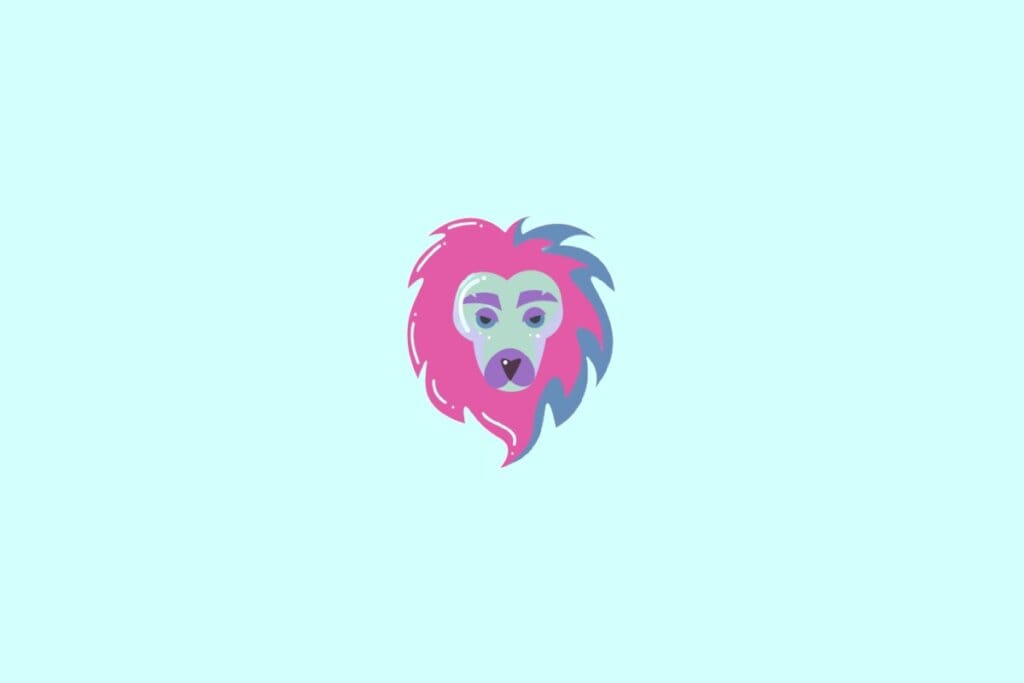 Ilustração de um leão de cara verde roxa com juba rosa, representando o signo de leão, em um fundo verde-claro