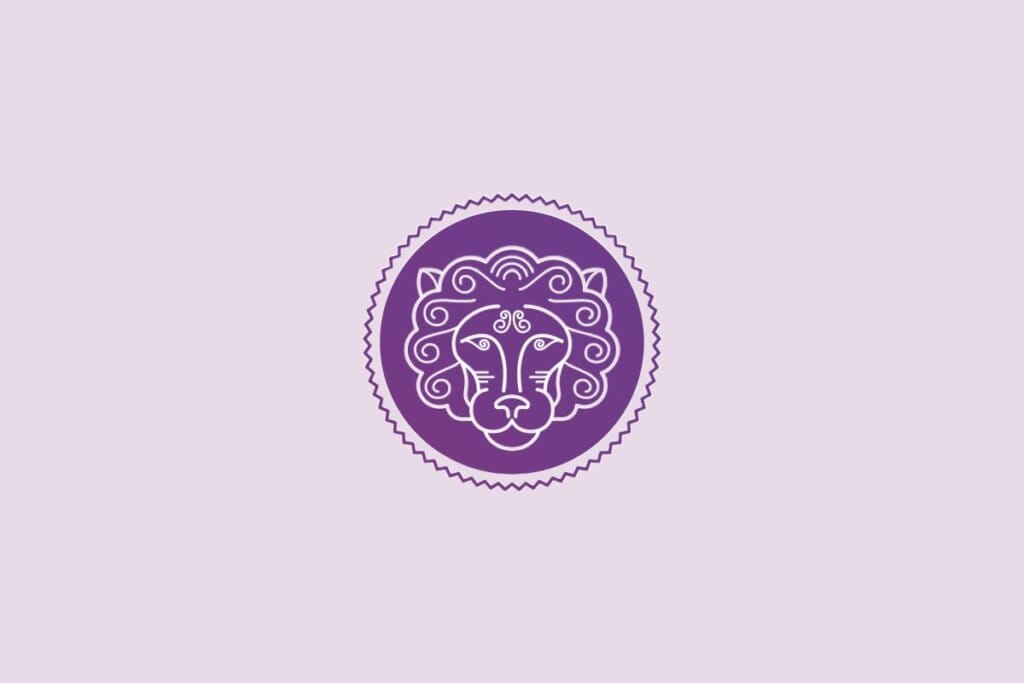 ilustração de um leão representando o signo de leão em círculo roxo em fundo lilás