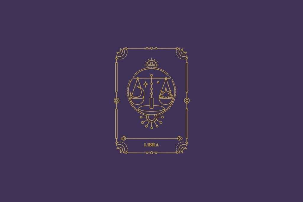 Ilustração do signo de libra em dourado com detalhes na mesma cor ao redor. Fundo roxo-escuro