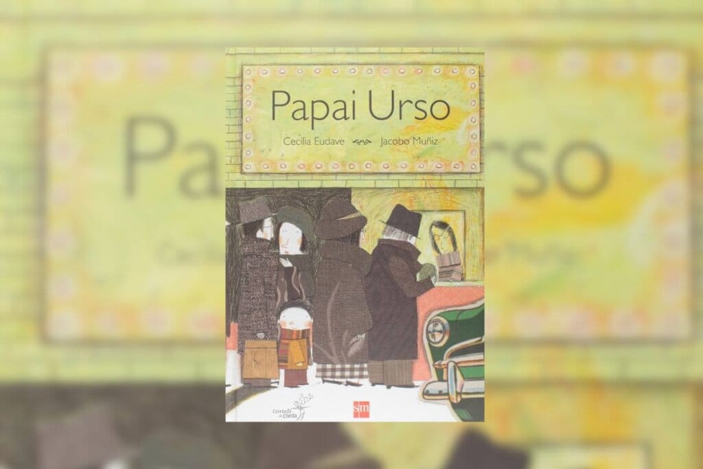 Capa do livro "Papai Urso" com a ilustração de homens andando na rua 