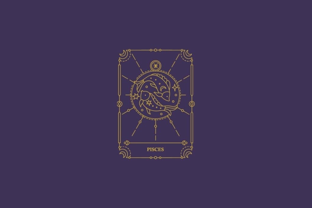 Ilustração do signo de peixes em dourado com detalhes na mesma cor ao redor. Fundo roxo-escuro