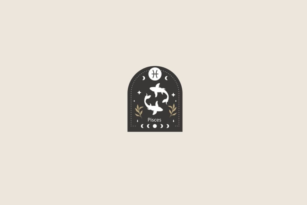 Símbolo estilizado do signo de Peixes sobre um formato de arco preto. O fundo geral é bege-claro