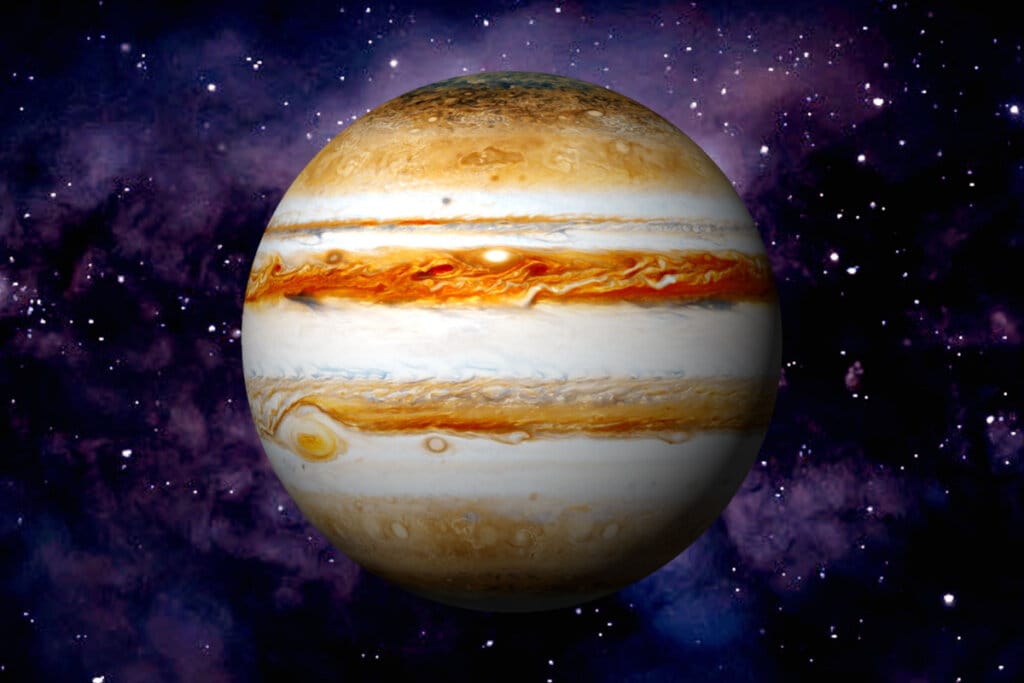 Ilustração de Júpiter em um espaço com fundo roxo e estrelas 